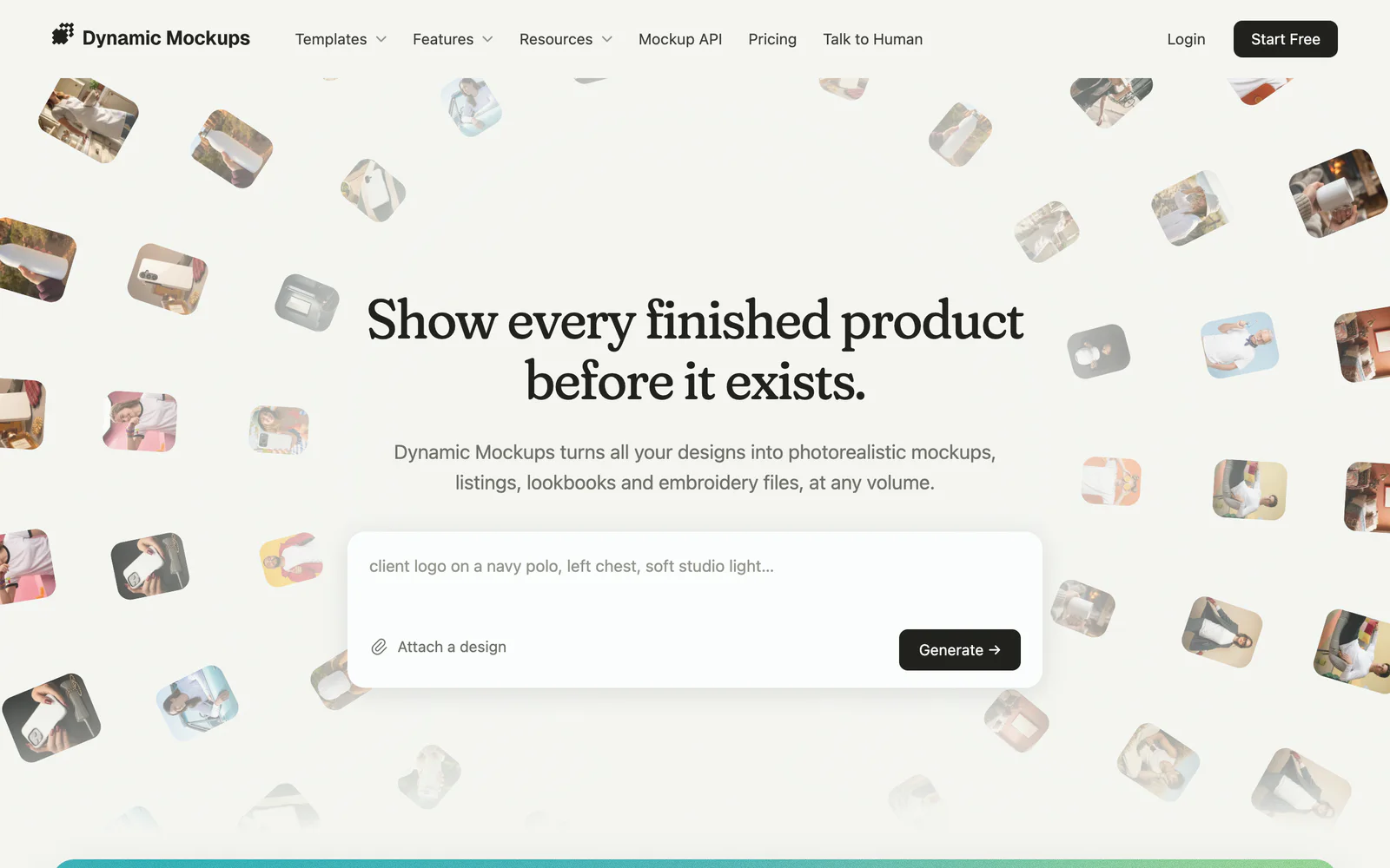 The top of the homepage: the Dynamic Mockups header with its menus, Login and Start Free; the line 'Show every finished product before it exists.' over an orbit of product renders, and the composer with a prompt, Attach a design and Generate