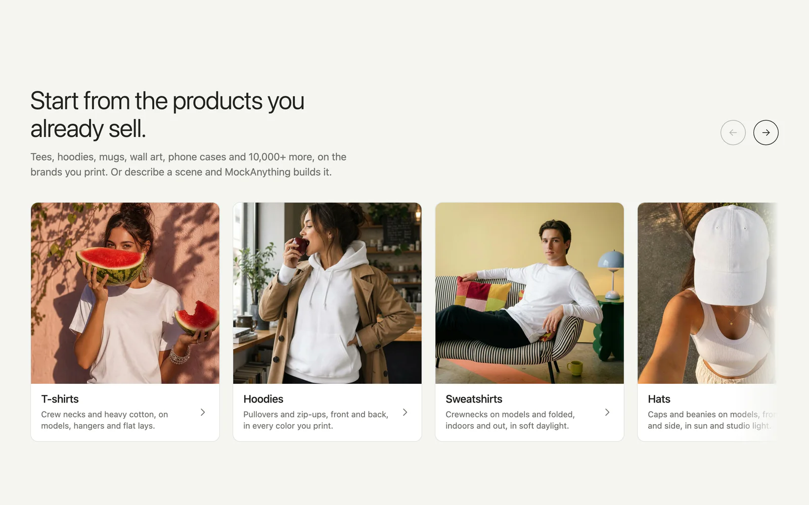 The templates section: 'Start from the products you already sell.', with cards for T-shirts, Hoodies, Sweatshirts and Hats, each a photo, a name and two lines