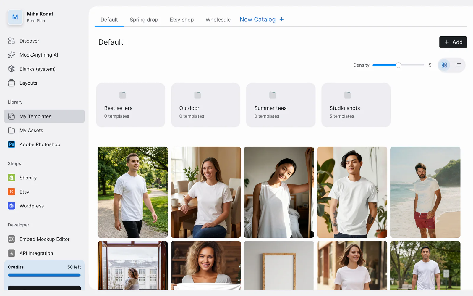 The v1 Library: a left menu of twelve items in four groups, catalogs as tabs across the top, collections as folder cards above the templates