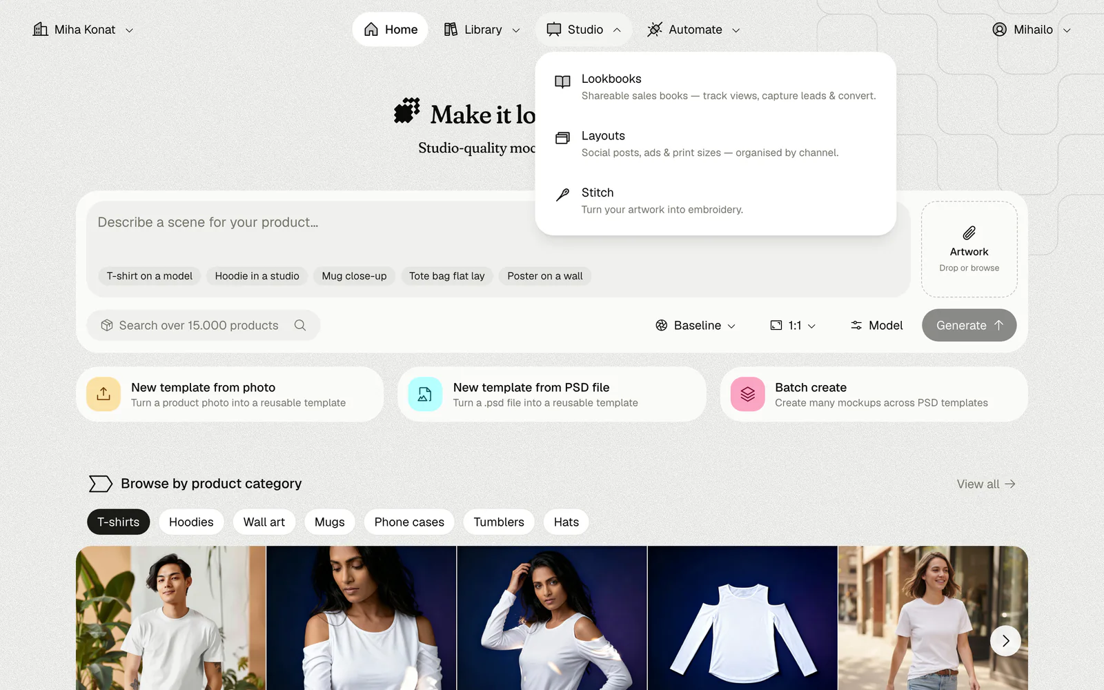The v2 top navigation with Home, Library, Studio and Automate; the Studio menu open with Lookbooks, Layouts and Stitch
