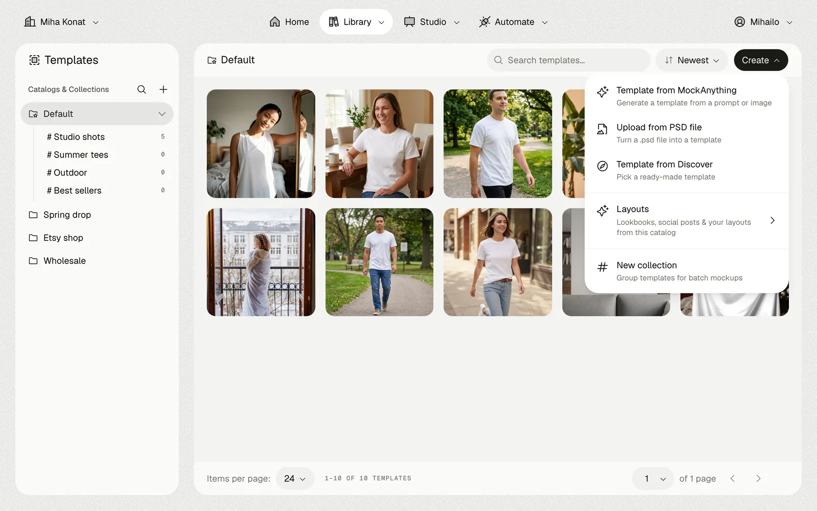 The Create menu in the v2 Library: five ways to make a template, each with an icon and a line saying what it does